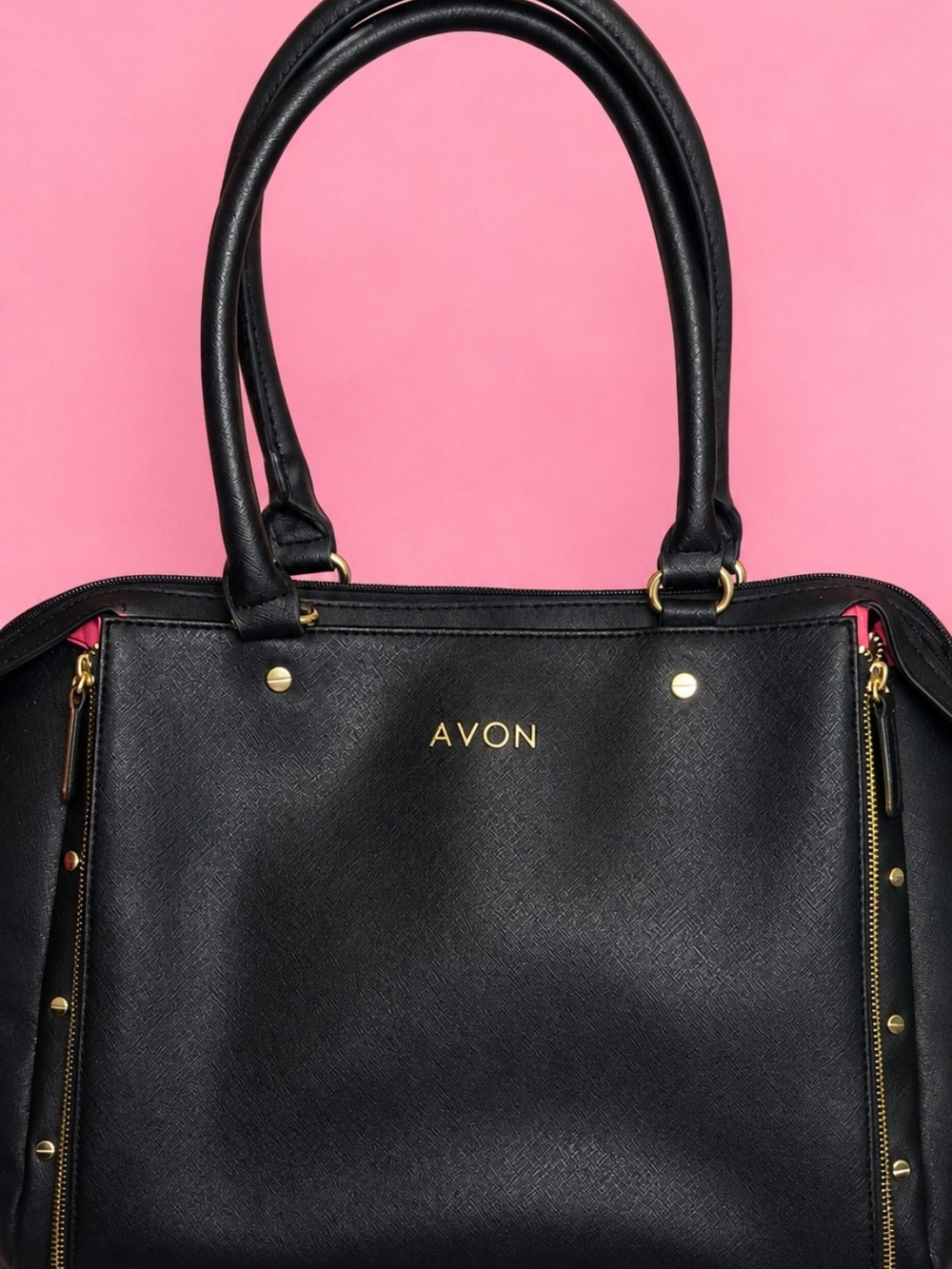 Avon Black Tote with Gold Accents and Pink Trim